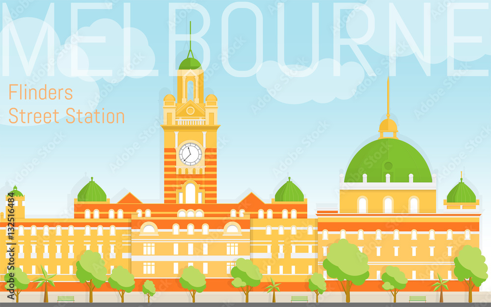 Flat design Flinders street station illustration vector. View from river bank. Design template fro post cards, web banners, advertising.
