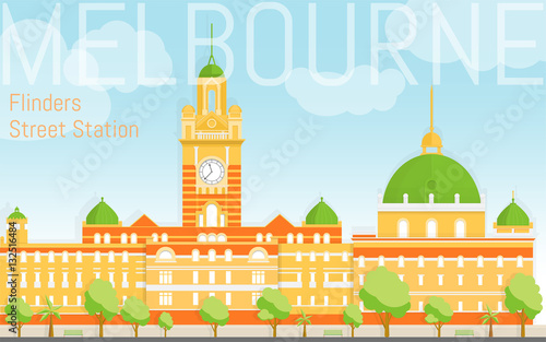 Flat design Flinders street station illustration vector. View from river bank. Design template fro post cards, web banners, advertising.