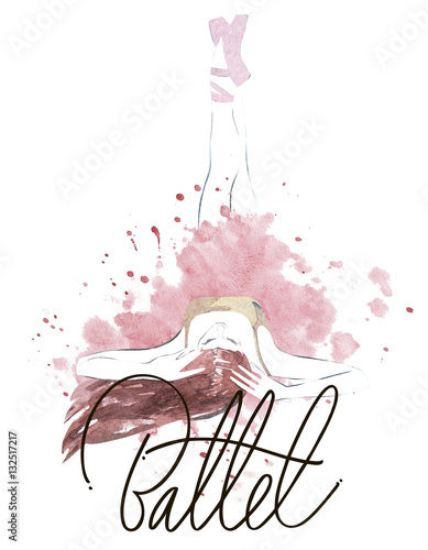 Watercolor ballerina hand painted with words Ballet. Dancer illustration © asetrova