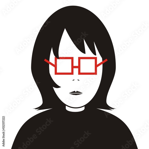 Portrait and eyeglasses. Black vector silhouette and red eyeglasse.