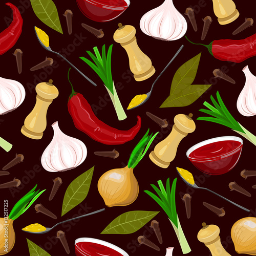 Seamless condiments and spices illustration. Healthy food vector illustration.