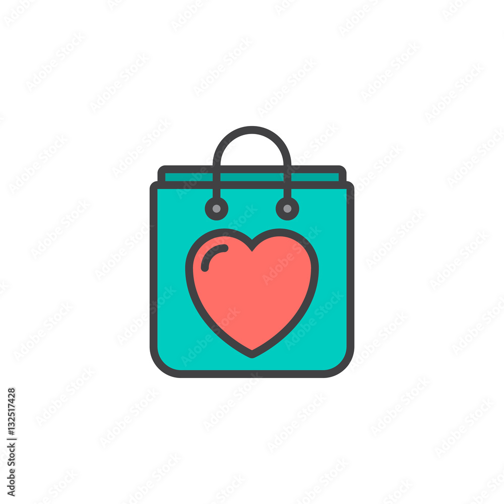 Shopping bag with heart line icon, filled outline vector sign, linear colorful pictogram isolated on white. Symbol, logo illustration Shopping bag with heart line icon, filled outline vector sign, linear colorful pictogram isolated on white. Symbol, logo illustration
