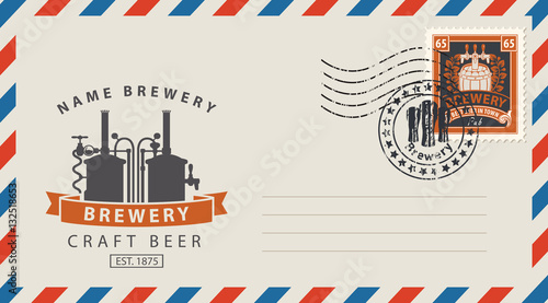 an envelope with a postage stamp for a beer pub with a vintage brewery