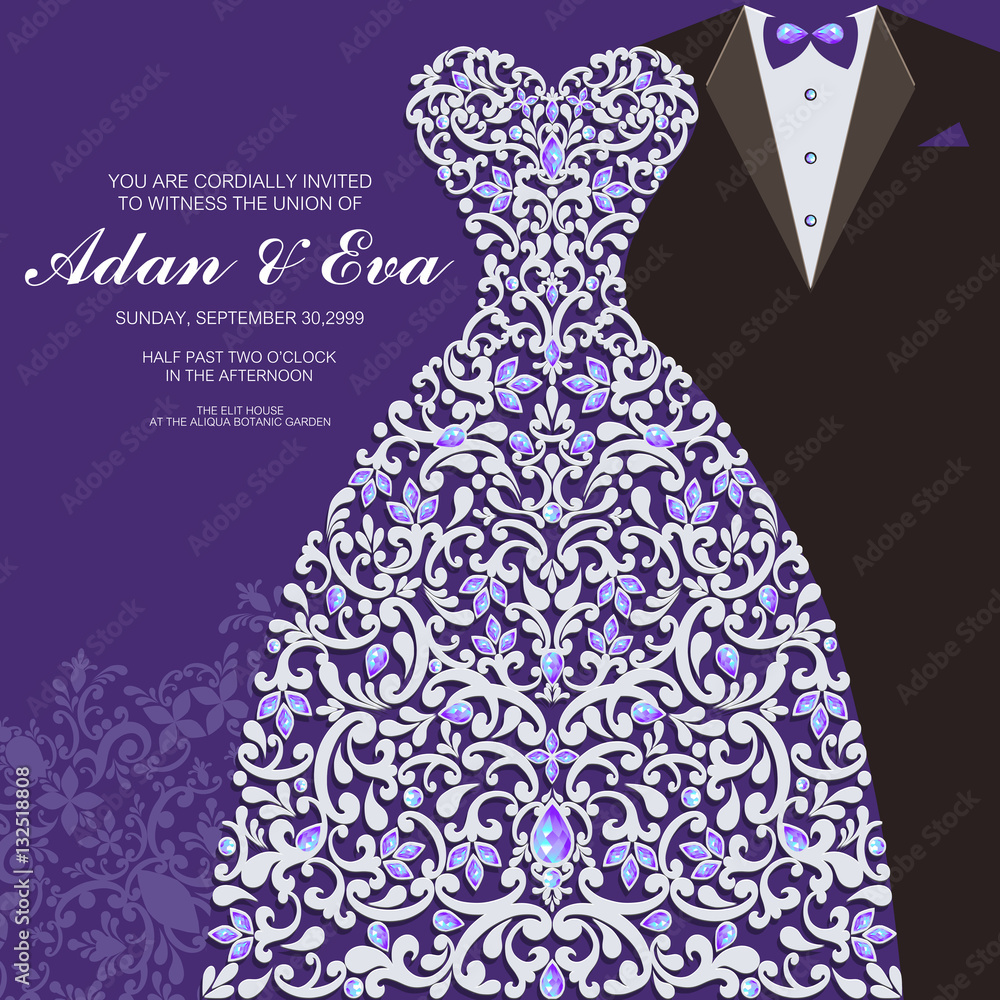 Wedding Invitation card templates with patterned and crystals on paper color Square size.
