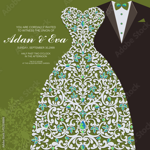 Wedding Invitation card templates with patterned and crystals on paper color Square size.