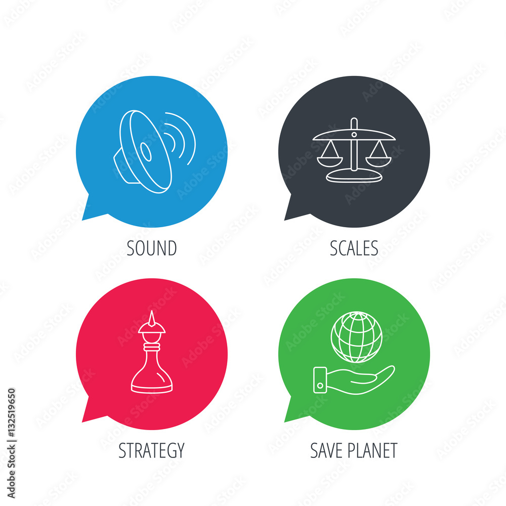 Colored speech bubbles. Strategy, sound and scales of justice icons. Save planet linear sign. Flat web buttons with linear icons. Vector