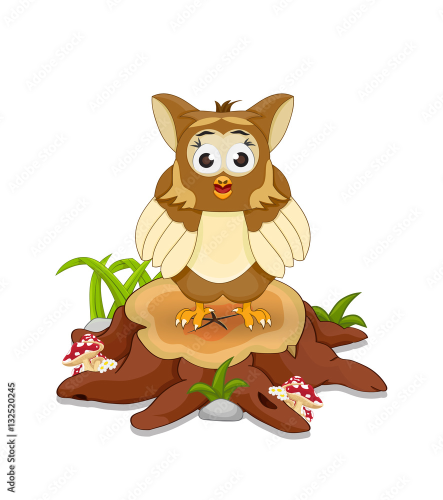 Fototapeta premium cartoon owl standing and stare on cutting tree