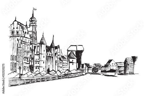 Panorama Gdańska. Rysunek ręcznie rysowany na białym tle.