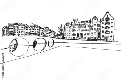 Panorama Amsterdamu. Rysunek ręcznie rysowany na białym tle.