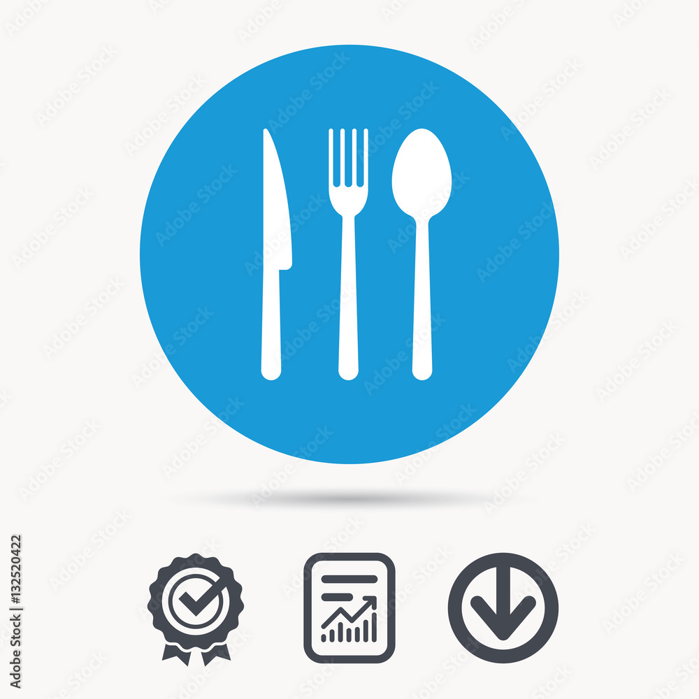 Fork, knife and spoon icons. Cutlery symbol. Achievement check, download and report file signs. Circle button with web icon. Vector Fork, knife and spoon icons. Cutlery symbol. Achievement check, download and report file signs. Circle button with web icon. Vector