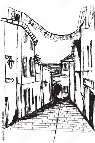Ulica miasta Sant Tropez. Rysunek ręcznie rysowany na białym tle.