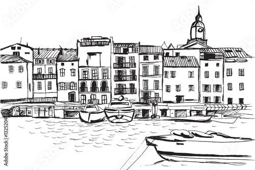 Panorama miasta Sant Tropez. Rysunek ręcznie rysowany na białym tle.