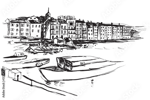 Panorama miasta Sant Tropez. Rysunek ręcznie rysowany na białym tle.
