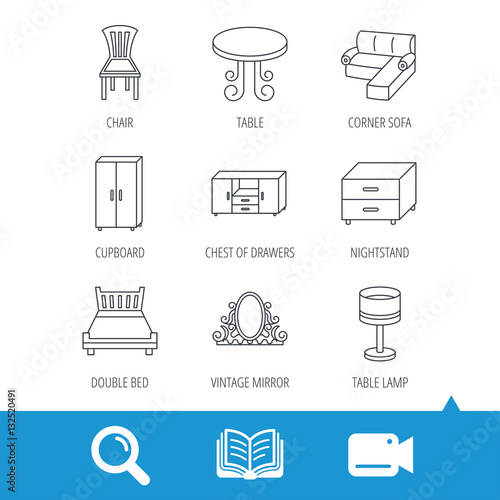 Corner sofa, table and cupboard icons. Chair, lamp and nightstand linear signs. Vintage mirror, double bed and chest of drawers icons. Video cam, book and magnifier search icons. Vector