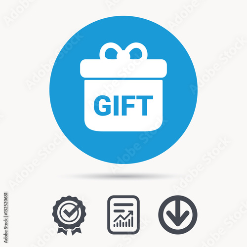 Gift icon. Present box with bow symbol. Achievement check, download and report file signs. Circle button with web icon. Vector