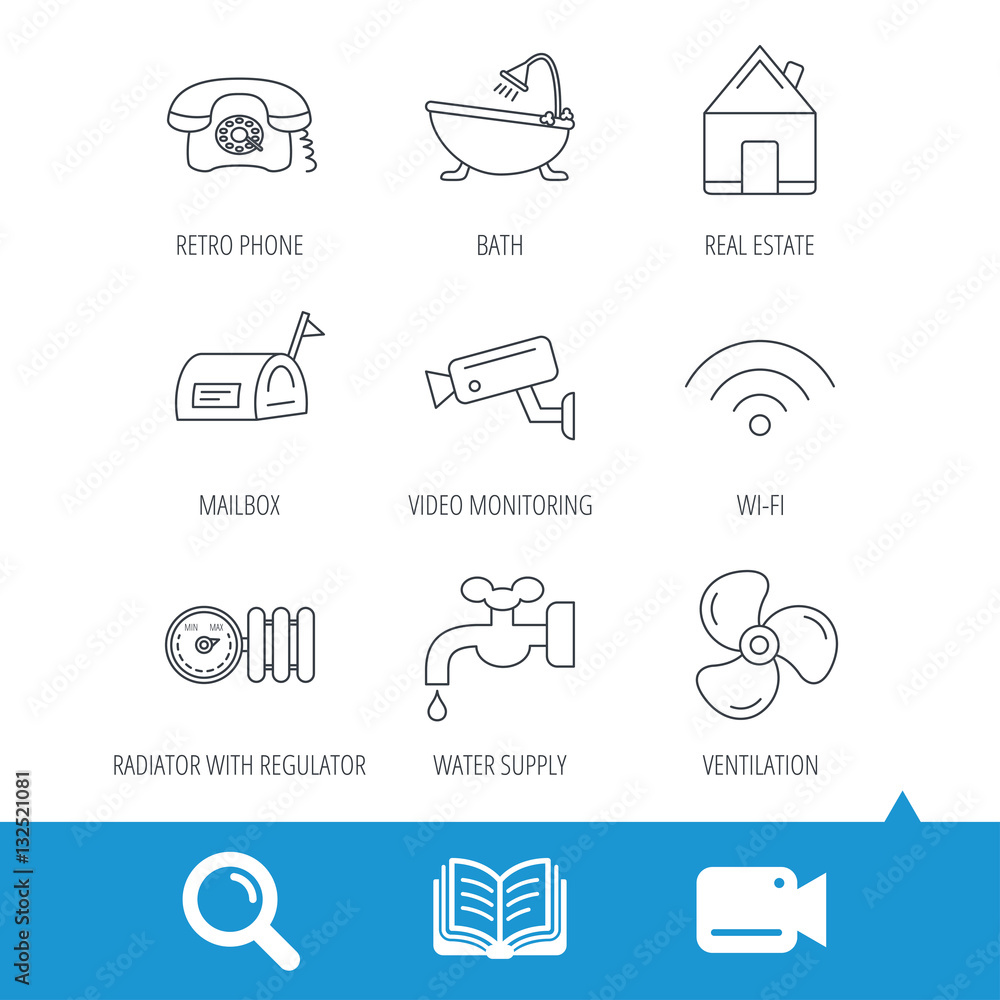 Wifi, video camera and mailbox icons. Real estate, bath and water supply linear signs. Radiator with heat regulator, phone icons. Video cam, book and magnifier search icons. Vector Wifi, video camera and mailbox icons. Real estate, bath and water supply linear signs. Radiator with heat regulator, phone icons. Video cam, book and magnifier search icons. Vector