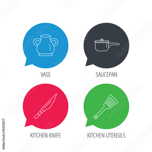 Colored speech bubbles. Saucepan, kithcen knife and utensils icons. Vase linear sign. Flat web buttons with linear icons. Vector