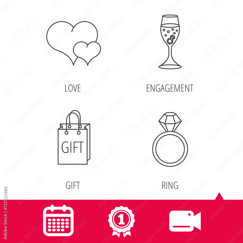 Achievement and video cam signs. Love heart, gift bag and wedding ring icons. Engagement linear sign. Calendar icon. Vector