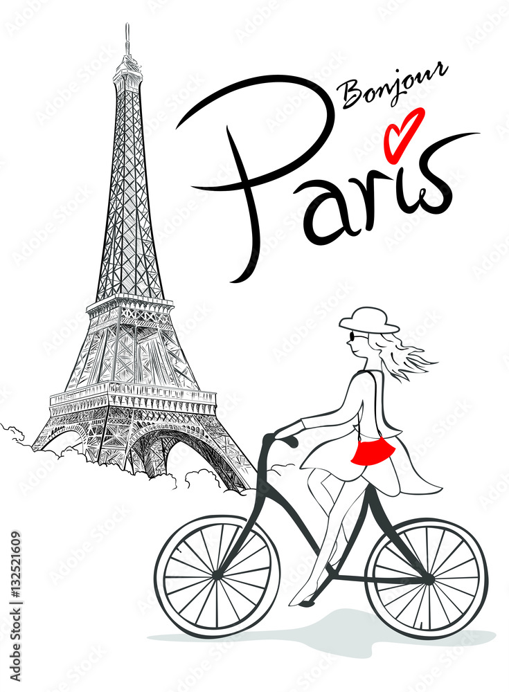 Francuzka na rowerze z Wieżą w tle - obrazy, fototapety, plakaty 