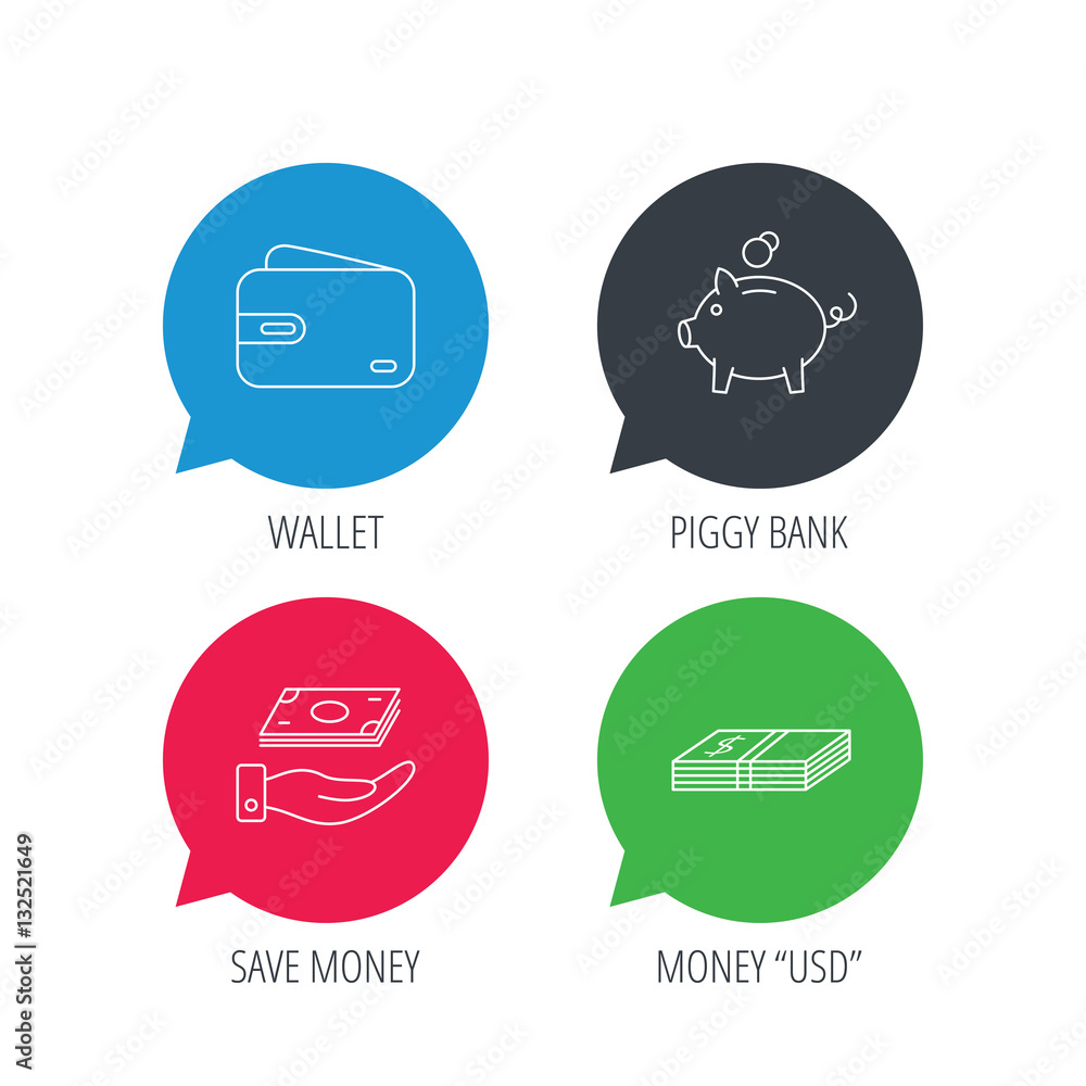 Colored speech bubbles. Piggy bank, cash money and wallet icons. Save money linear sign. Flat web buttons with linear icons. Vector