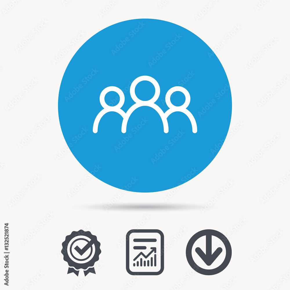 People icon. Group of humans sign. Team work symbol. Achievement check, download and report file signs. Circle button with web icon. Vector People icon. Group of humans sign. Team work symbol. Achievement check, download and report file signs. Circle button with web icon. Vector