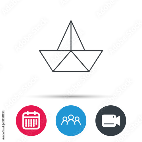Paper boat icon. Origami ship sign. Sailing symbol. Group of people, video cam and calendar icons. Vector