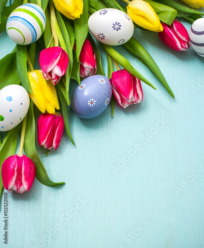Photography Tulips with colorful Easter eggs