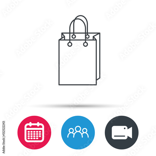 Shopping bag icon. Sale handbag sign. Group of people, video cam and calendar icons. Vector