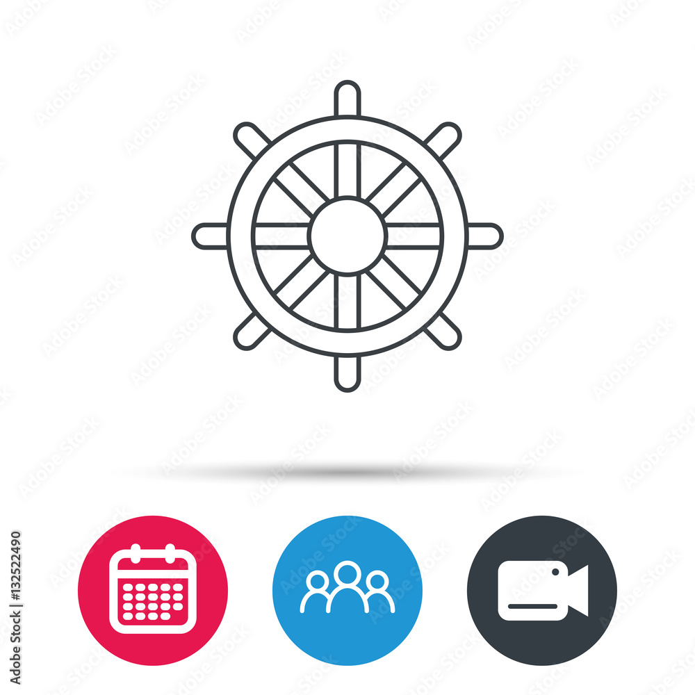 Ship steering wheel icon. Captain rudder sign. Sailing symbol. Group of people, video cam and calendar icons. Vector Ship steering wheel icon. Captain rudder sign. Sailing symbol. Group of people, video cam and calendar icons. Vector