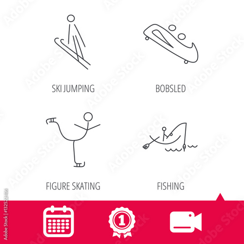 Achievement and video cam signs. Fishing, figure skating and bobsled icons. Ski jumping linear sign. Calendar icon. Vector
