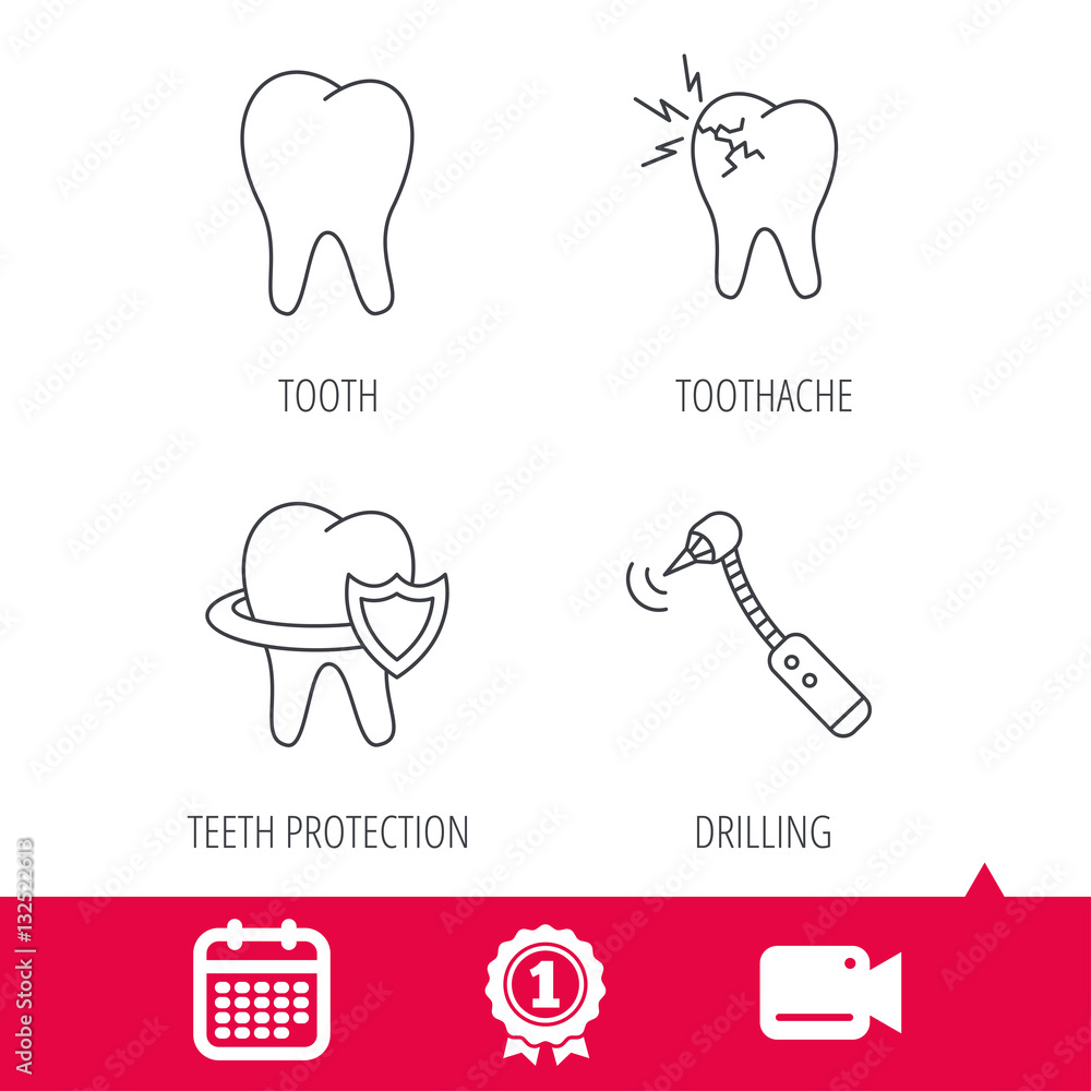 Achievement and video cam signs. Tooth, toothache and drilling tool icons. Teeth protection linear sign. Calendar icon. Vector Achievement and video cam signs. Tooth, toothache and drilling tool icons. Teeth protection linear sign. Calendar icon. Vector
