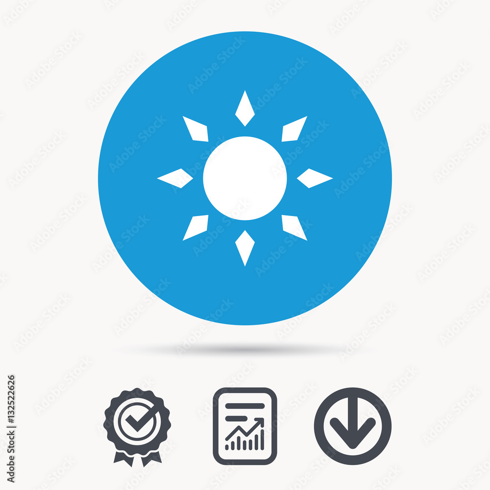 Sun icon. Sunny weather symbol. Achievement check, download and report file signs. Circle button with web icon. Vector Sun icon. Sunny weather symbol. Achievement check, download and report file signs. Circle button with web icon. Vector