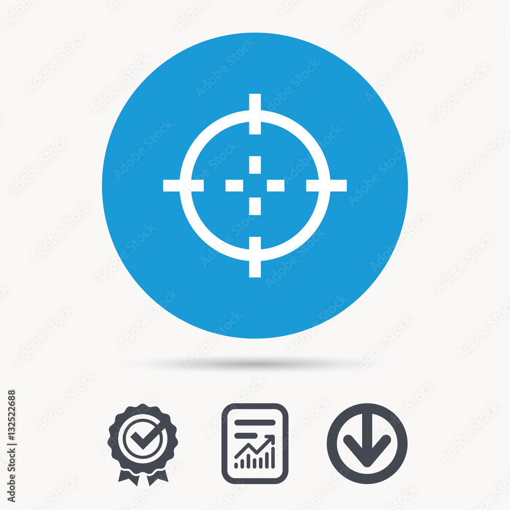 Target icon. Crosshair aim symbol. Achievement check, download and report file signs. Circle button with web icon. Vector Target icon. Crosshair aim symbol. Achievement check, download and report file signs. Circle button with web icon. Vector
