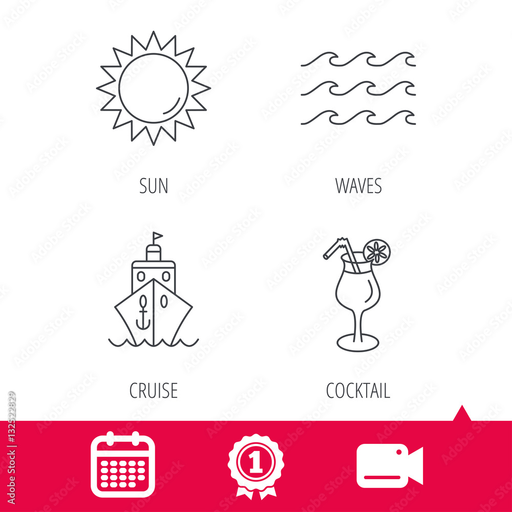 Achievement and video cam signs. Cruise, waves and cocktail icons. Sun linear sign. Calendar icon. Vector
