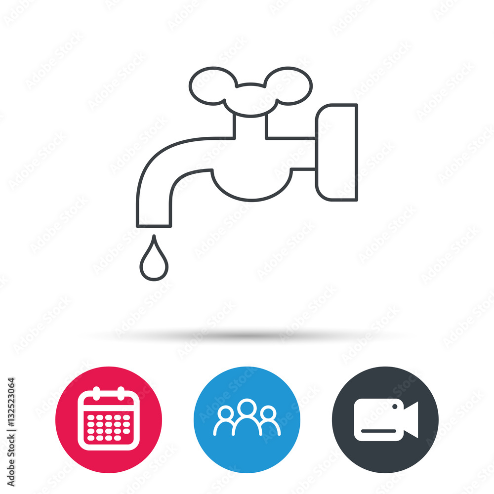 Water supply icon. Crane or Faucet with drop sign. Group of people, video cam and calendar icons. Vector Water supply icon. Crane or Faucet with drop sign. Group of people, video cam and calendar icons. Vector