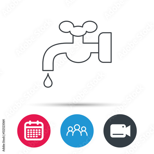 Water supply icon. Crane or Faucet with drop sign. Group of people, video cam and calendar icons. Vector