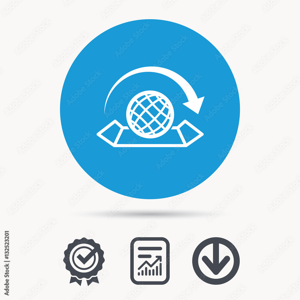 World map icon. Globe with arrow sign. Travel location symbol. Achievement check, download and report file signs. Circle button with web icon. Vector World map icon. Globe with arrow sign. Travel location symbol. Achievement check, download and report file signs. Circle button with web icon. Vector