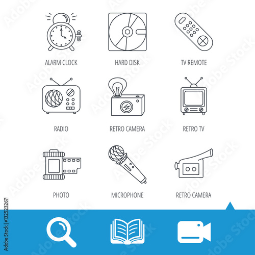 Microphone, video camera and photo icons. Alarm clock, retro radio and TV remote linear signs. Video cam, book and magnifier search icons. Vector