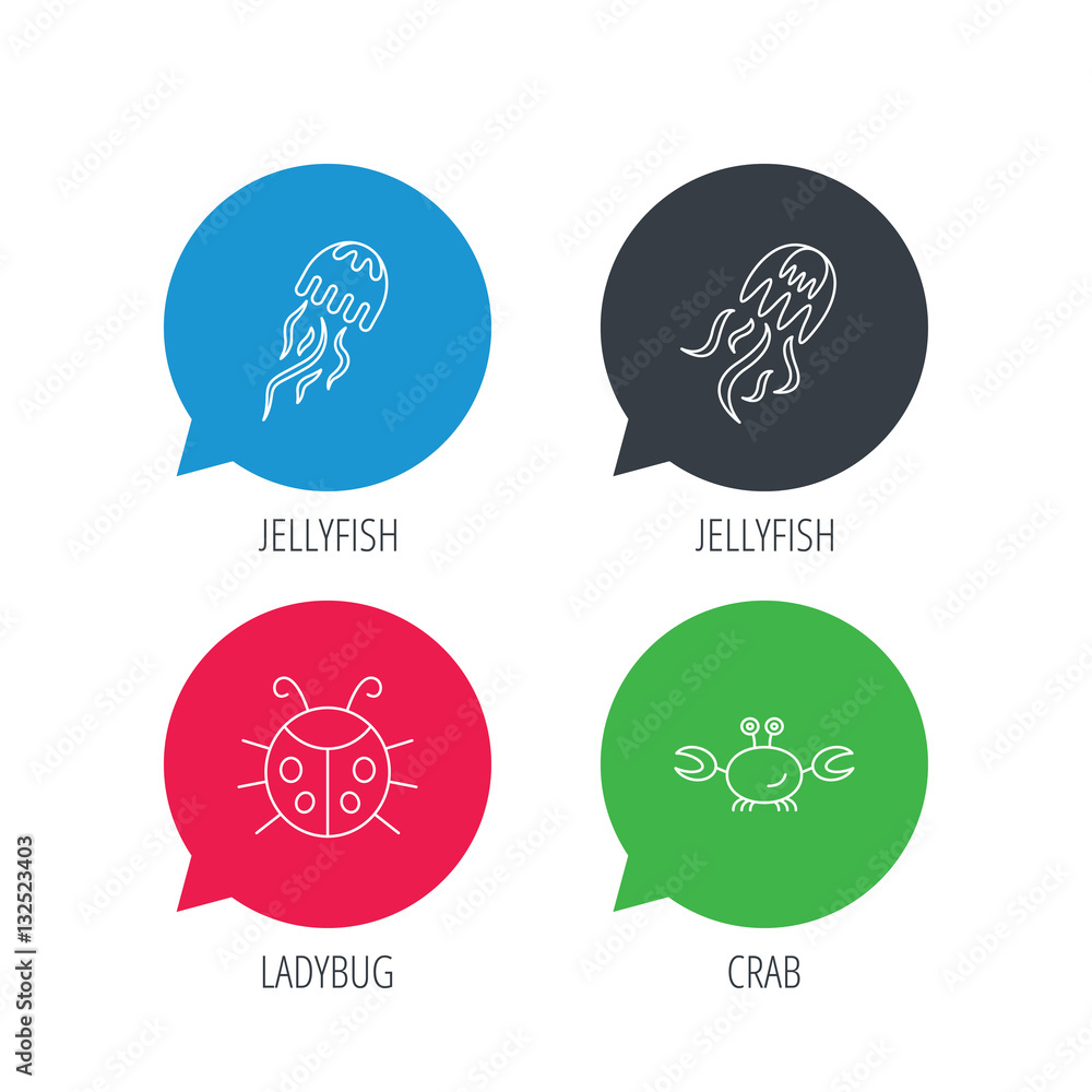 Colored speech bubbles. Jellyfish, crab and ladybug icons. Ladybird linear sign. Flat web buttons with linear icons. Vector Colored speech bubbles. Jellyfish, crab and ladybug icons. Ladybird linear sign. Flat web buttons with linear icons. Vector