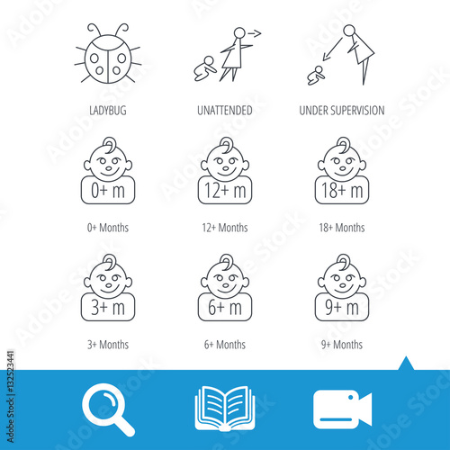 Infant child, ladybug and toddler baby icons. 0-18 months child linear signs. Unattended, parents supervision icons. Video cam, book and magnifier search icons. Vector