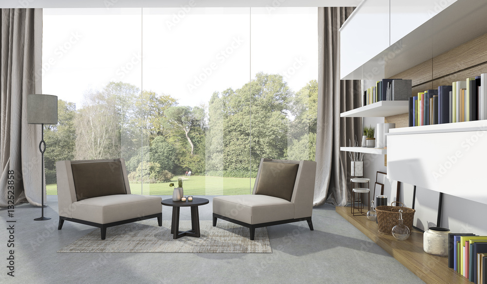 3d rendering soft armchair in living room near garden 3d rendering soft armchair in living room near garden