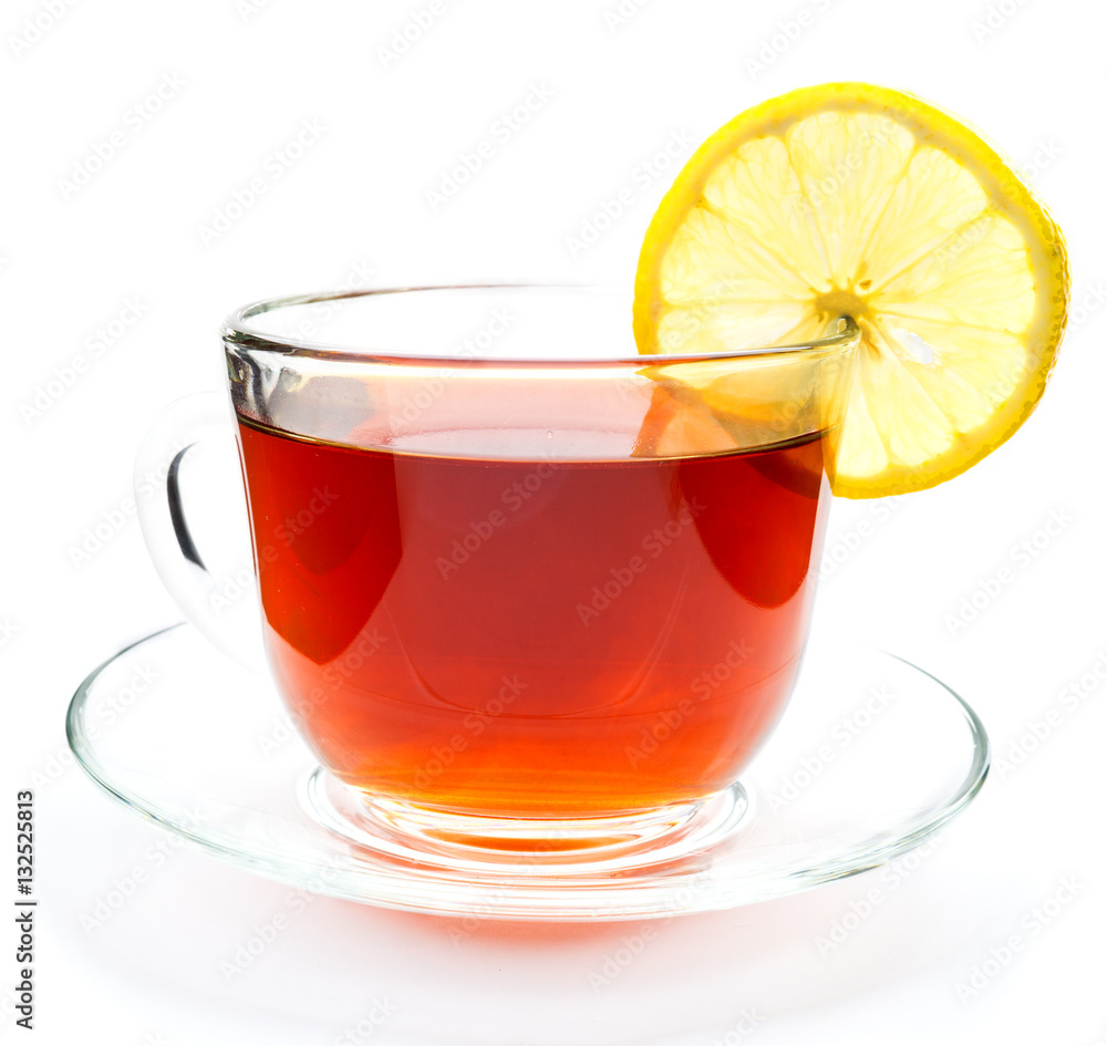 Isolated transparent cup of tea with lemon slice Isolated transparent cup of tea with lemon slice