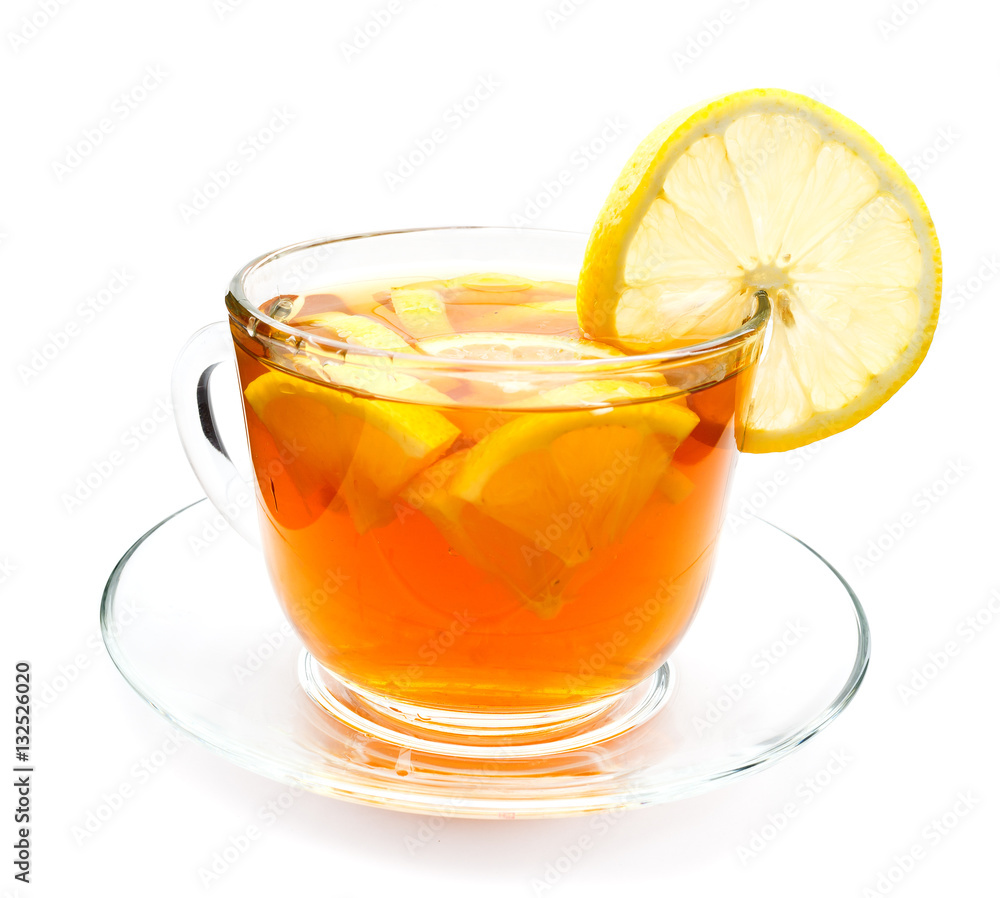 Isolated transparent cup of tea with lemon slice Isolated transparent cup of tea with lemon slice