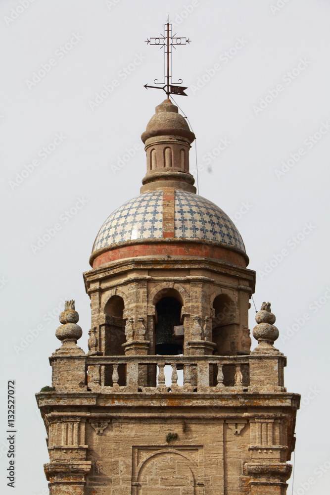 Detail of the bell tower of the Mayor church, in the town of Medina Sidonia, Spain