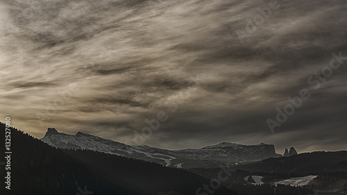 Sunset over Seiser Alm, winter afternoon with pastel colors
