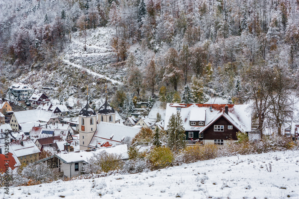 Bird's eye view of Wiesensteig (Baden-Wurttemberg, Germany) in winter. Bird's eye view of Wiesensteig (Baden-Wurttemberg, Germany) in winter.
