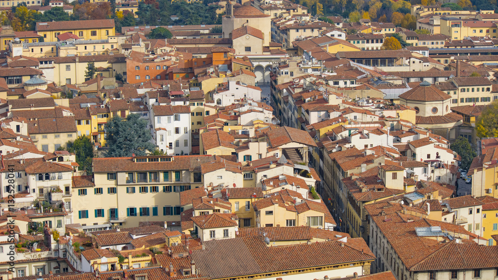 Red roofs of old houses Florence seen from the observation platform Duomo, Cathedral Santa Maria del Fiore.