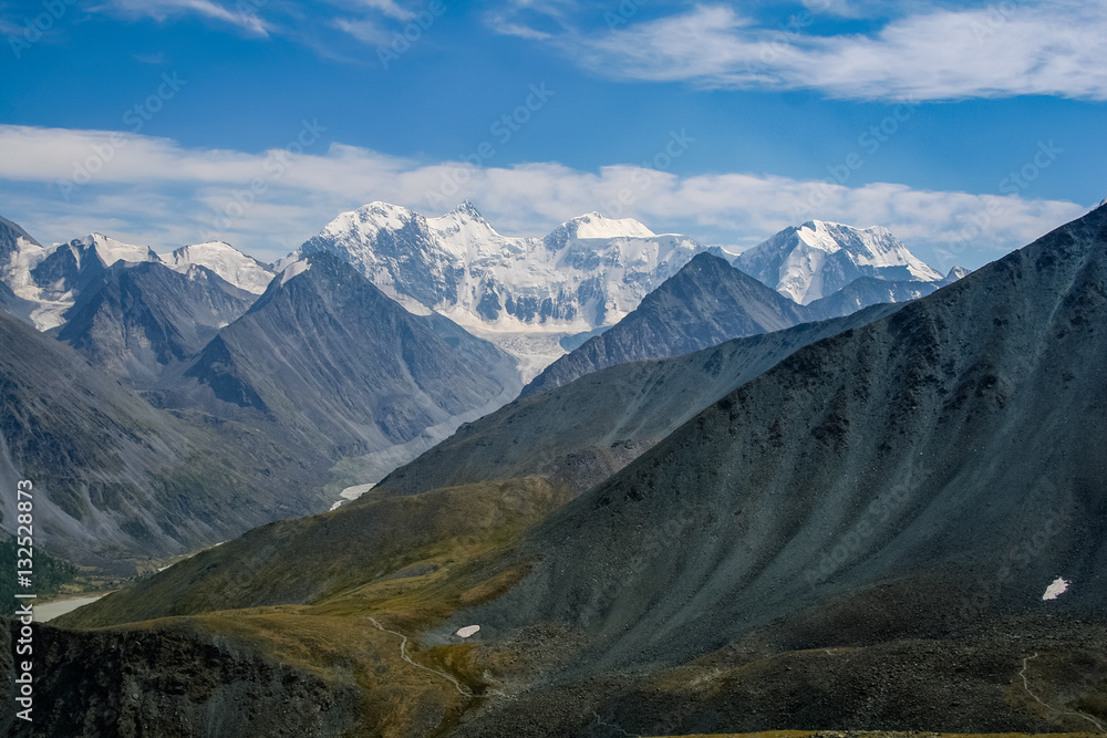 Altai Mountains. View from the highland pass Karaturek to the mountain Beluha 