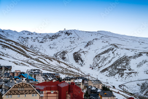 A view from the distance of Sierra Nevada ski resort lower area, at Granada, Spain 