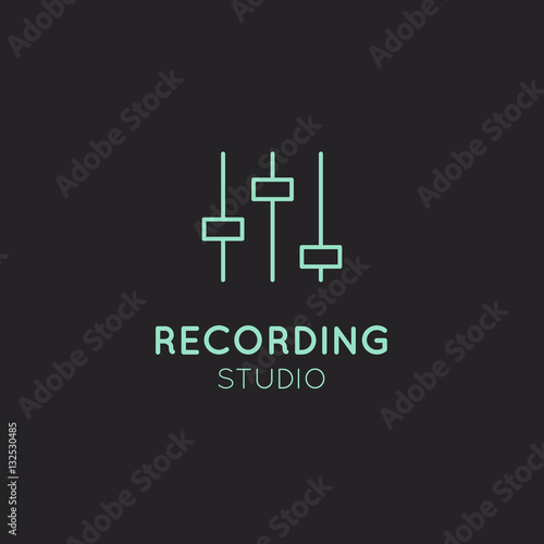 Simple Vector Icon Style Music Logos. Recording Studio Label. Podcast and Radio Badge with Sample Text. Design with Waves, Headphones and Mixing console